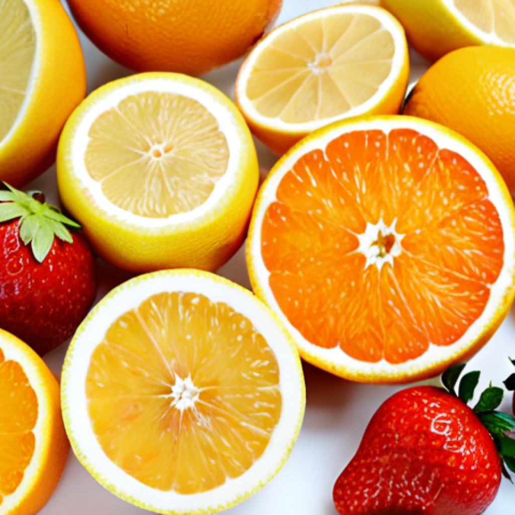 **Image of Vitamin C-rich Foods**: Create an image showcasing a vibrant assortment of fruits rich in Vitamin C, such as oranges, lemons, and strawberries, arranged beautifully. Include a soft glow effect to represent skin radiance and health.
