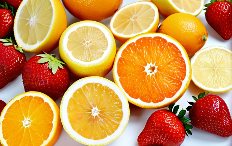 **Image of Vitamin C-rich Foods**: Create an image showcasing a vibrant assortment of fruits rich in Vitamin C, such as oranges, lemons, and strawberries, arranged beautifully. Include a soft glow effect to represent skin radiance and health.