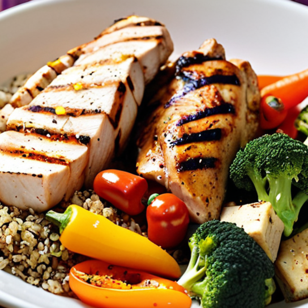 **

A vibrant, colorful plate filled with a variety of fresh, whole foods. Focus on lean protein (grilled chicken breast or tofu), a rainbow of vegetables (bell peppers, broccoli, carrots), and a small portion of whole grains (quinoa or brown rice). Seasonings like herbs and spices should be visible.  The overall composition should convey a sense of deliciousness and health.

**