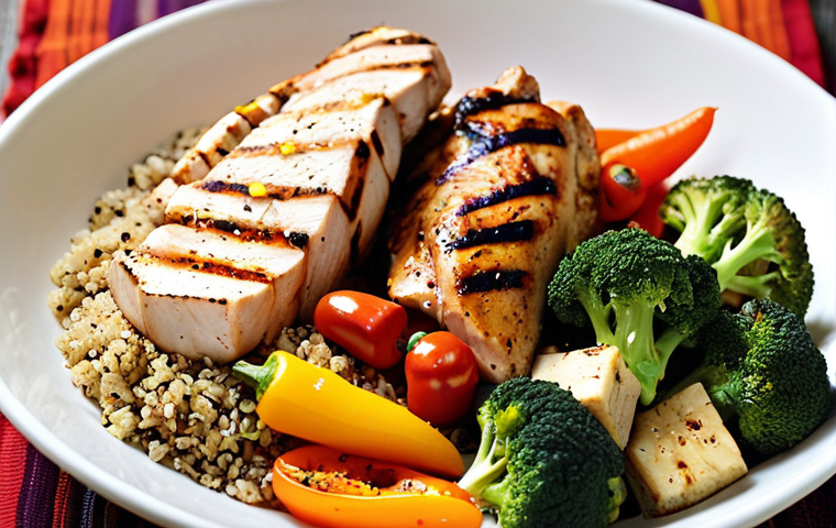 **

A vibrant, colorful plate filled with a variety of fresh, whole foods. Focus on lean protein (grilled chicken breast or tofu), a rainbow of vegetables (bell peppers, broccoli, carrots), and a small portion of whole grains (quinoa or brown rice). Seasonings like herbs and spices should be visible.  The overall composition should convey a sense of deliciousness and health.

**