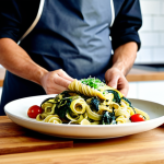A smiling adult chef, wearing a clean professional chef's jacket and apron, holding a beautifully plated bowl of diverse healthy pasta. The bowl contains a mix of whole wheat pasta, vibrant green spinach pasta, and reddish beet pasta, tossed with colorful fresh vegetables like broccoli florets, cherry tomatoes, and grilled zucchini slices. Lean protein pieces (like grilled chicken or chickpeas) are visibly mixed in, lightly coated with a fresh tomato-based sauce. The setting is a bright, clean, modern kitchen with natural light, and fresh herbs are visible on a wooden countertop in the background. perfect anatomy, correct proportions, natural pose, well-formed hands, proper finger count, natural body proportions, professional photography, high quality, safe for work, appropriate content, fully clothed, family-friendly.