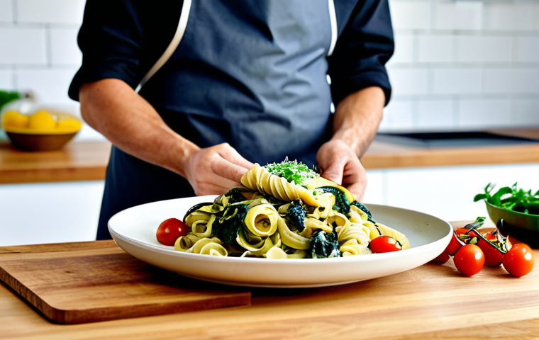 A smiling adult chef, wearing a clean professional chef's jacket and apron, holding a beautifully plated bowl of diverse healthy pasta. The bowl contains a mix of whole wheat pasta, vibrant green spinach pasta, and reddish beet pasta, tossed with colorful fresh vegetables like broccoli florets, cherry tomatoes, and grilled zucchini slices. Lean protein pieces (like grilled chicken or chickpeas) are visibly mixed in, lightly coated with a fresh tomato-based sauce. The setting is a bright, clean, modern kitchen with natural light, and fresh herbs are visible on a wooden countertop in the background. perfect anatomy, correct proportions, natural pose, well-formed hands, proper finger count, natural body proportions, professional photography, high quality, safe for work, appropriate content, fully clothed, family-friendly.