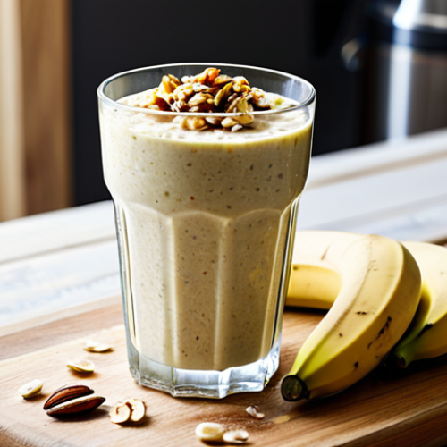 Nutritious Oats Smoothie**

"A vibrant, inviting photograph of a tall glass filled with a creamy oats smoothie, topped with fresh banana slices and a sprinkle of nuts, served on a rustic wooden table with a bright, sunny background, fully clothed subject preparing the drink, professional kitchen setting, safe for work, appropriate content, fully clothed, professional photography, perfect anatomy, natural proportions, family-friendly"

**