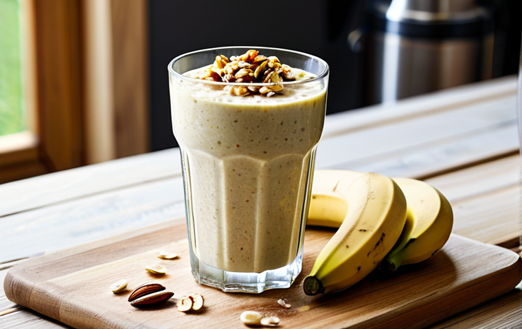 Nutritious Oats Smoothie**
"A vibrant, inviting photograph of a tall glass filled with a creamy oats smoothie, topped with fresh banana slices and a sprinkle of nuts, served on a rustic wooden table with a bright, sunny background, fully clothed subject preparing the drink, professional kitchen setting, safe for work, appropriate content, fully clothed, professional photography, perfect anatomy, natural proportions, family-friendly"
**
