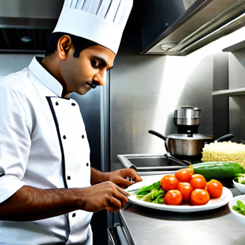 A professional Indian chef in a modern kitchen, fully clothed in chef's whites, preparing a healthy low-sodium dish with fresh vegetables. Appropriate attire, safe for work, perfect anatomy, natural proportions, professional food photography, high quality.