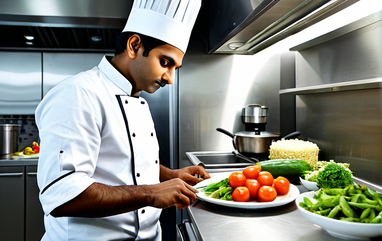A professional Indian chef in a modern kitchen, fully clothed in chef's whites, preparing a healthy low-sodium dish with fresh vegetables. Appropriate attire, safe for work, perfect anatomy, natural proportions, professional food photography, high quality.