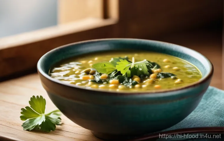 체중 감량을 위한 야채 스프 레시피 - Image Prompt 1: Wholesome Moong Dal and Spinach Soup Moment**