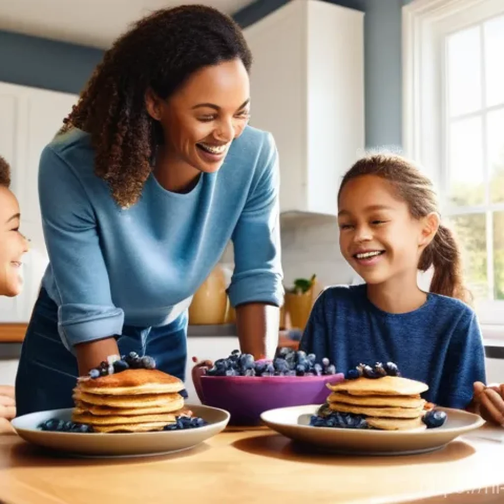 블루베리의 항산화 효능과 섭취 방법 - **"A vibrant and wholesome family breakfast scene in a sunlit, modern kitchen. A diverse family of f...
