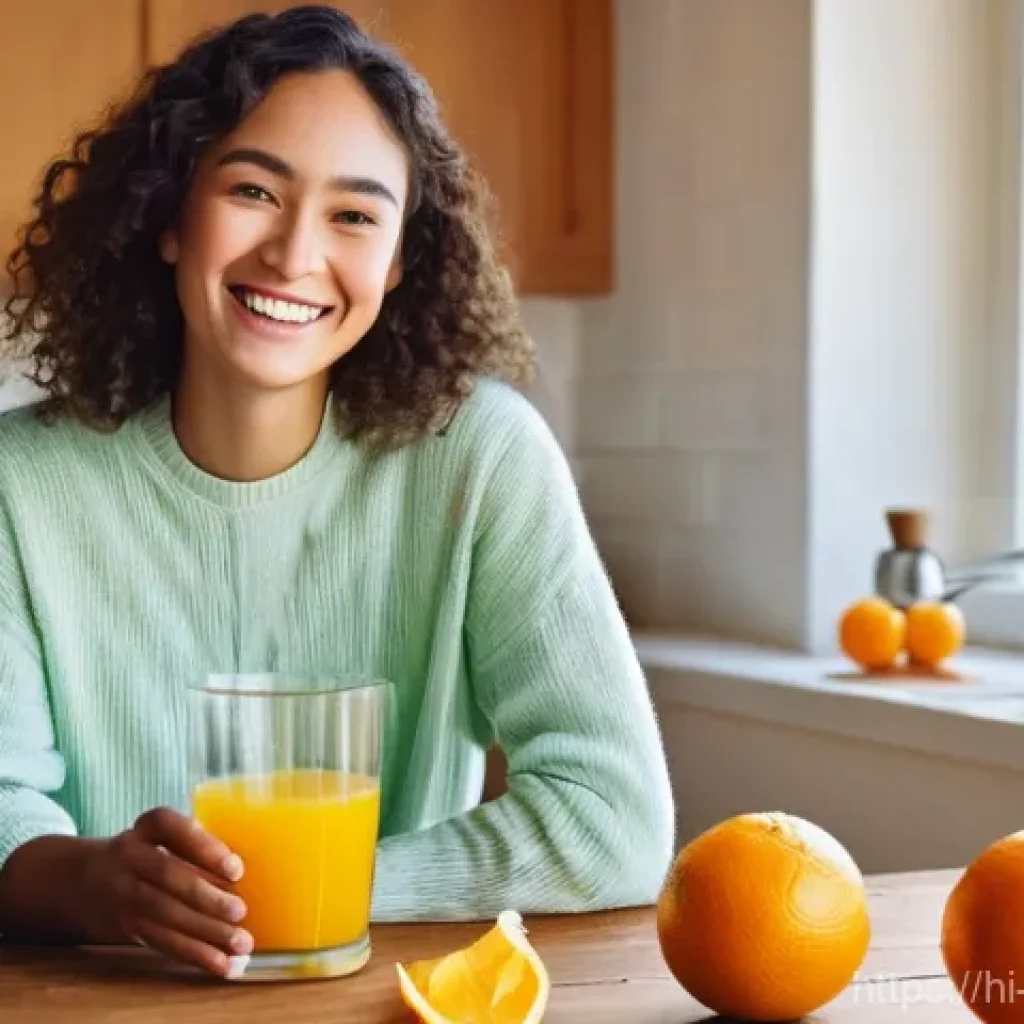 비타민C가 풍부한 음식 베스트 - **Prompt:** A cheerful young woman, aged around 25-30, in a bright, sunlit kitchen. She is holding a...