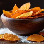 스낵용 고구마칩 브랜드 추천 - **Prompt:** A vibrant, high-resolution close-up shot of perfectly golden-orange sweet potato chips, ...