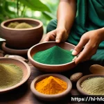 항염 효과가 있는 허브 추천 - A vibrant, detailed illustration of a traditional Ayurvedic herbal setup featuring Haritaki fruits a...