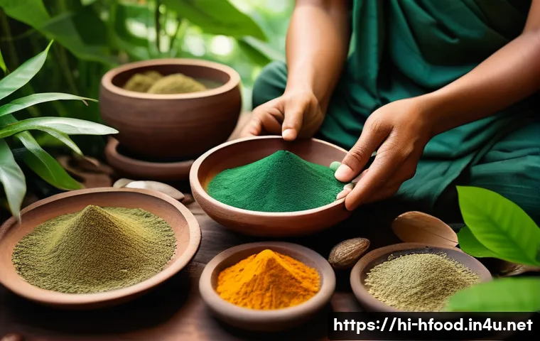 항염 효과가 있는 허브 추천 - A vibrant, detailed illustration of a traditional Ayurvedic herbal setup featuring Haritaki fruits a...