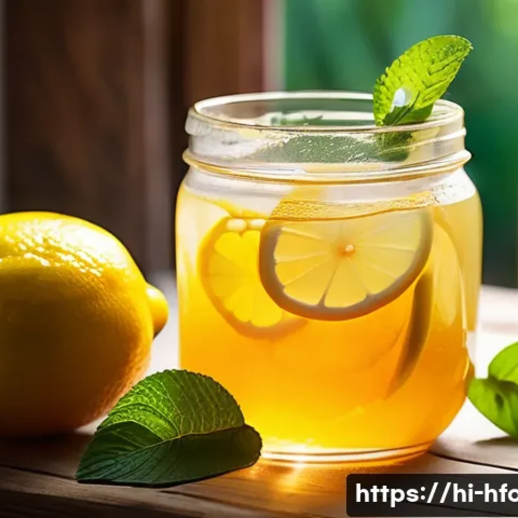 비타민C 강화 음료 추천 - A vibrant still life composition of a glass of fresh lemon-honey vitamin C drink on a rustic wooden ...