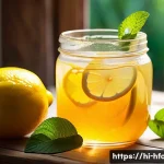 비타민C 강화 음료 추천 - A vibrant still life composition of a glass of fresh lemon-honey vitamin C drink on a rustic wooden ...