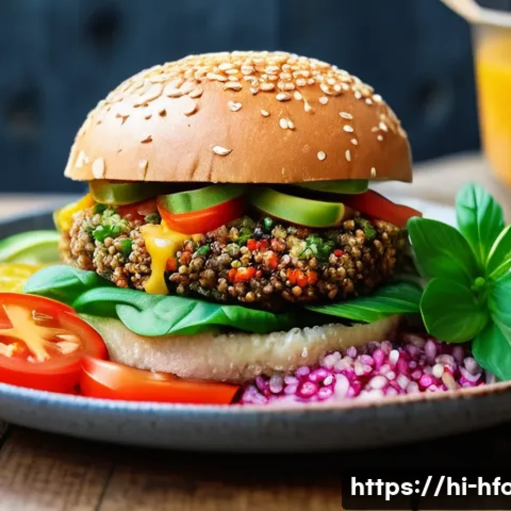 비건 간편식 브랜드 TOP 5 - A vibrant, colorful vegan meal spread featuring a quinoa salad and vegan burger on biodegradable pla...