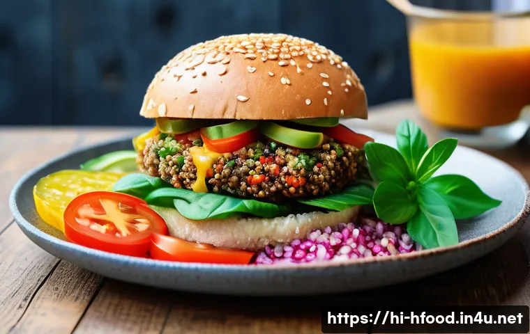 비건 간편식 브랜드 TOP 5 - A vibrant, colorful vegan meal spread featuring a quinoa salad and vegan burger on biodegradable pla...