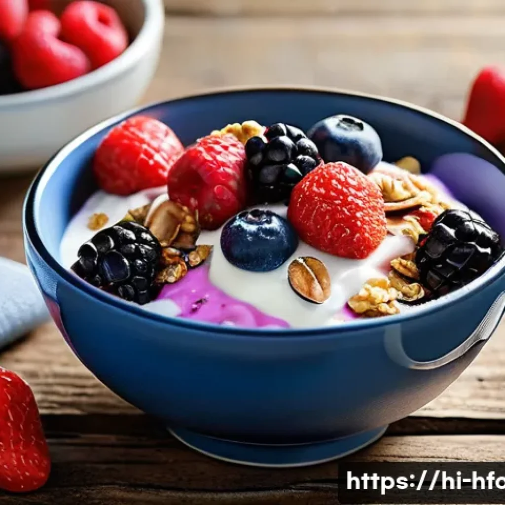 슈퍼푸드 베리 믹스 활용법 - A vibrant and colorful breakfast scene featuring a bowl of mixed berries including strawberries, blu...