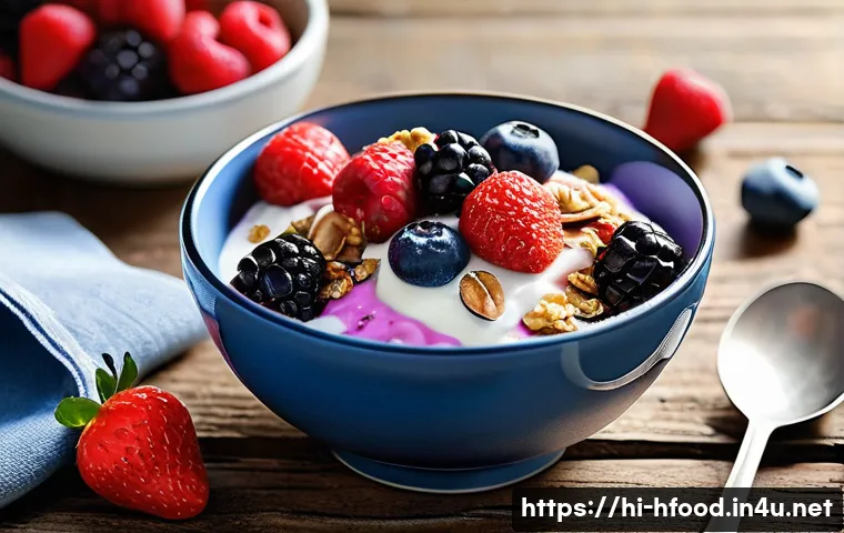 슈퍼푸드 베리 믹스 활용법 - A vibrant and colorful breakfast scene featuring a bowl of mixed berries including strawberries, blu...