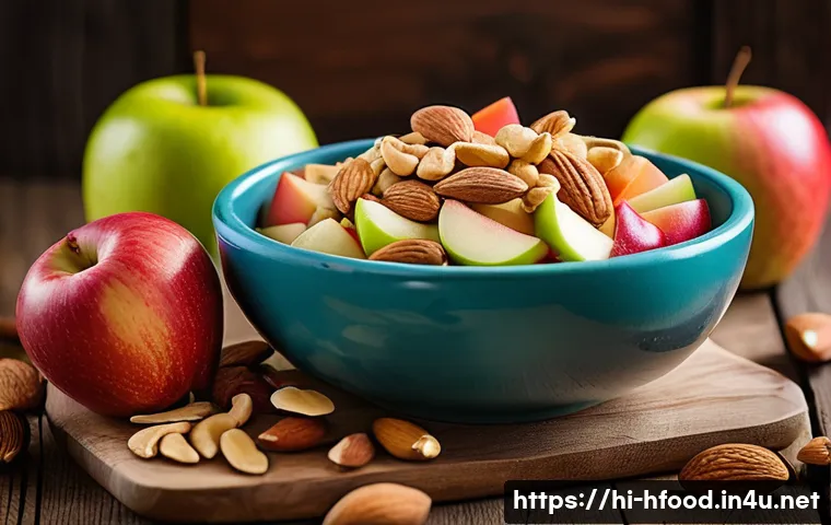 다이어트 중 먹을 수 있는 스낵 추천 - A vibrant and colorful close-up of a healthy homemade snack bowl featuring freshly chopped apples, a...