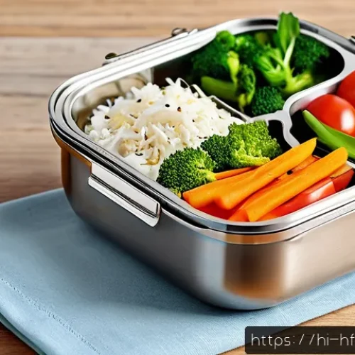 Home 32 다이어트 도시락 브랜드 비교 - A sleek, multi-chamber stainless steel lunch box with airtight and insulated features, placed on a w...