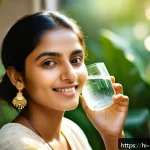 Home 19 건강한 음료 천연 탄산수 추천 - A vibrant, natural scene featuring a young Indian woman with glowing, hydrated skin sitting peaceful...