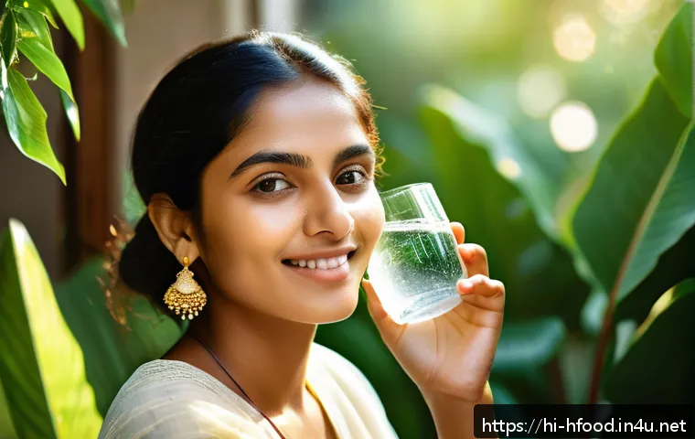 건강한 음료 천연 탄산수 추천 - A vibrant, natural scene featuring a young Indian woman with glowing, hydrated skin sitting peaceful...