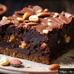 Home 18 다이어트 디저트 단백질 브라우니 레시피 - A close-up image of a homemade protein brownie slice on a rustic wooden plate, topped with chopped m...