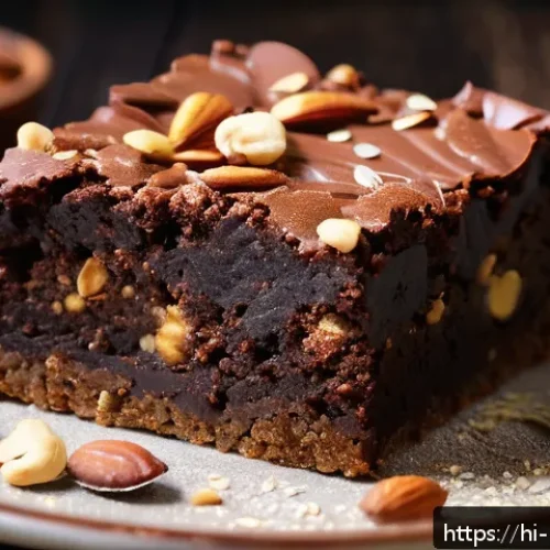 Home 30 다이어트 디저트 단백질 브라우니 레시피 - A close-up image of a homemade protein brownie slice on a rustic wooden plate, topped with chopped m...