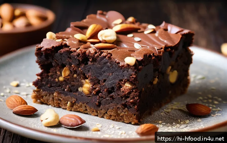 다이어트 디저트 단백질 브라우니 레시피 - A close-up image of a homemade protein brownie slice on a rustic wooden plate, topped with chopped m...