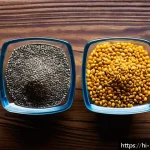 Home 23 치아씨드와 아마씨 효능 비교 - A vibrant, detailed still life composition featuring chia seeds and flaxseeds side by side on a rust...