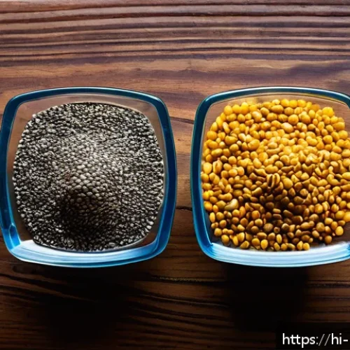 Home 17 치아씨드와 아마씨 효능 비교 - A vibrant, detailed still life composition featuring chia seeds and flaxseeds side by side on a rust...