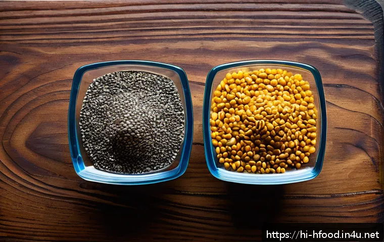 치아씨드와 아마씨 효능 비교 - A vibrant, detailed still life composition featuring chia seeds and flaxseeds side by side on a rust...