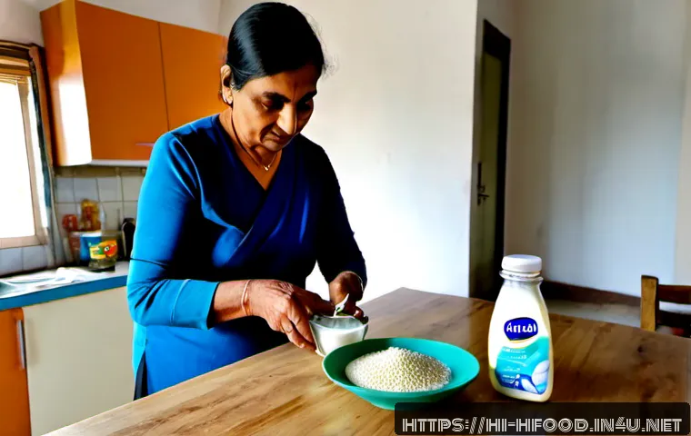 Home 17 뼈 건강을 위한 칼슘 보충 방법 - Photorealistic Indian senior woman in a bright home kitchen, placing calcium-rich foods including mi...