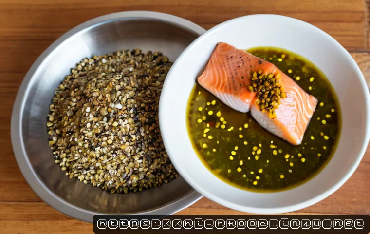 오메가3 캡슐과 천연 음식 비교 - Photorealistic overhead comparison scene on a clean wooden kitchen table, a small glass bowl of gold...